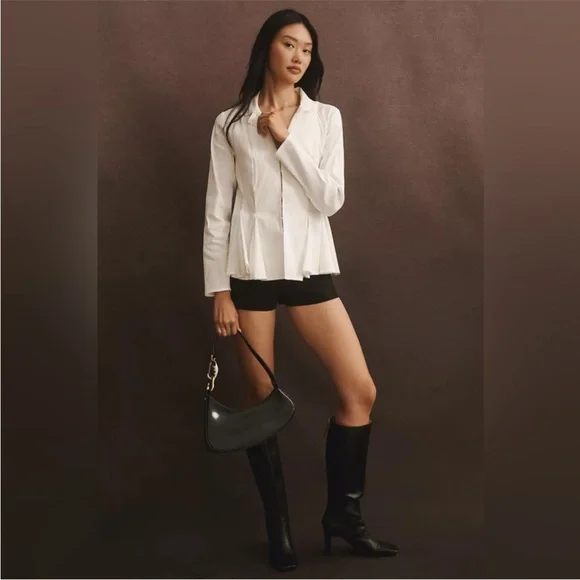 BNWT BY ANTHROPOLOGIE LONG-SLEEVE COLLARED LINEN PEPLUM OFF-WHITE BLOUSE - Picture 4 of 5